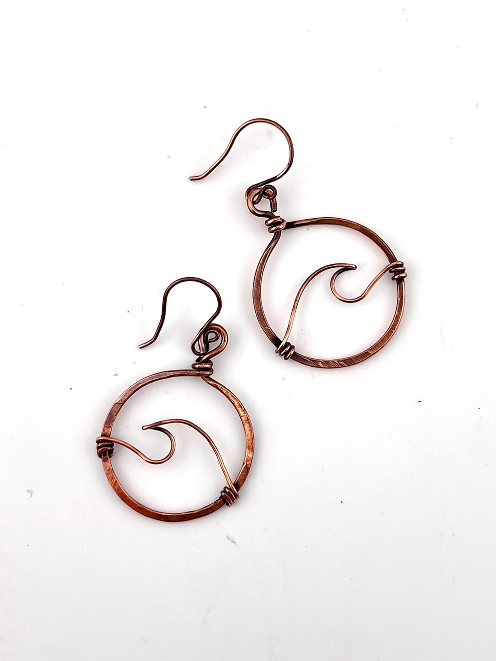 HANDMADE Wave Copper Wire Wrapped Dangle Earrings, Artisan Jewelry Gift for Her